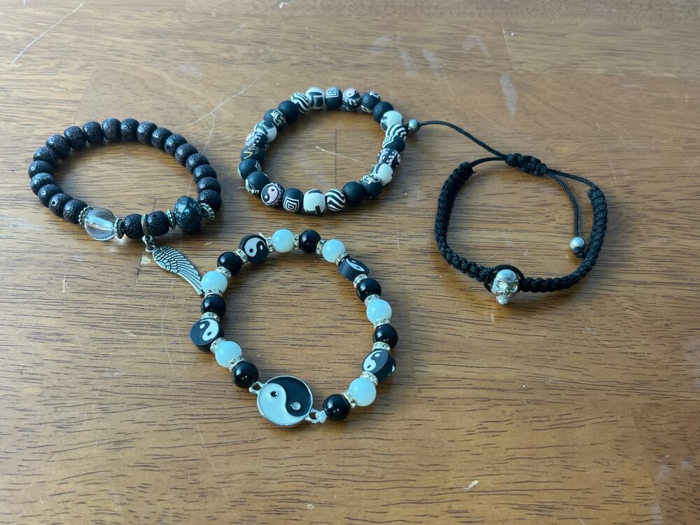 Whimsygoth Bracelet Lot of 4 Black Beaded Skull Yin Yang Boho Goth Festival